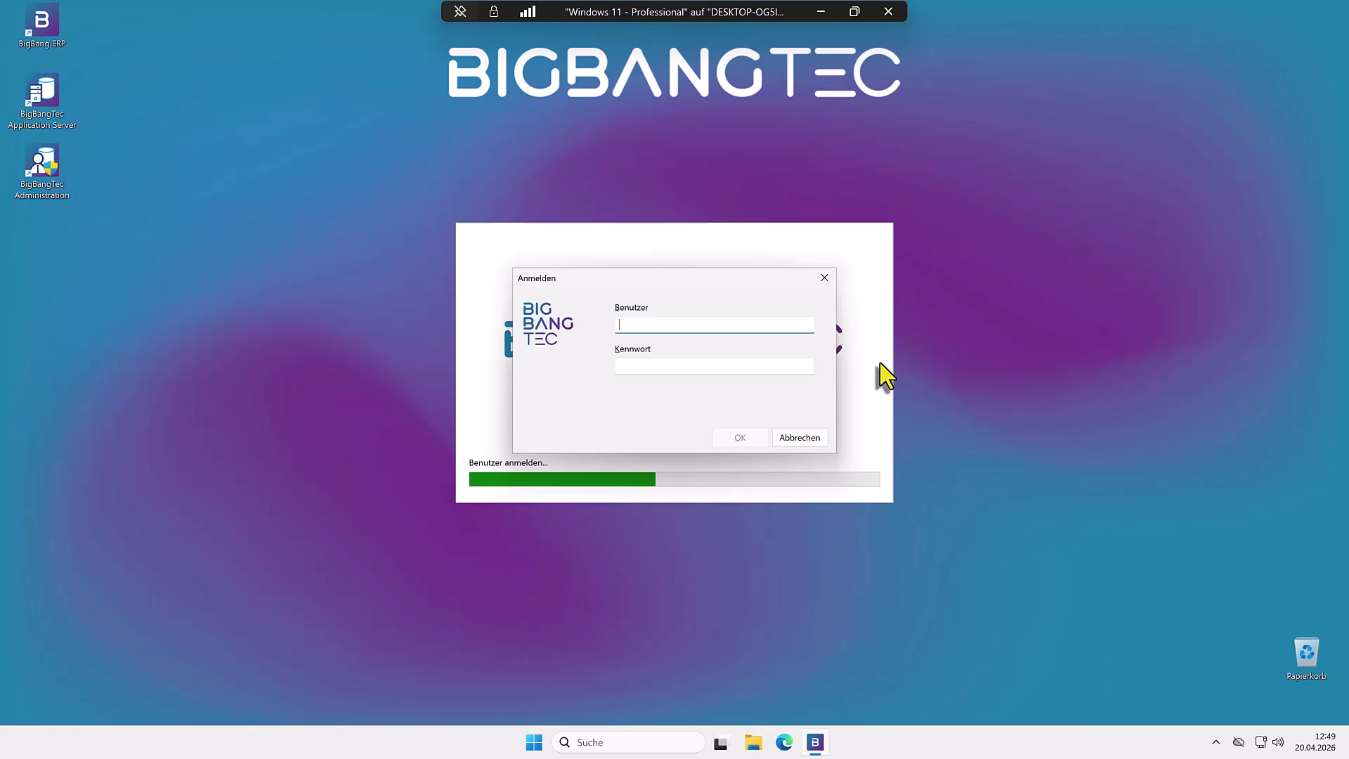 Anmeldefenster BIGBANGTEC ERP